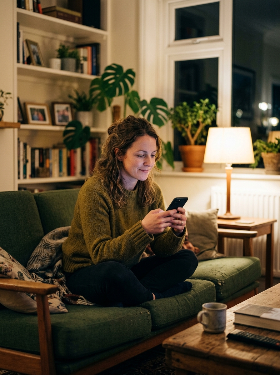 A woman sitting on a sofa in lamplight, holding her phone and thinking about reaching out